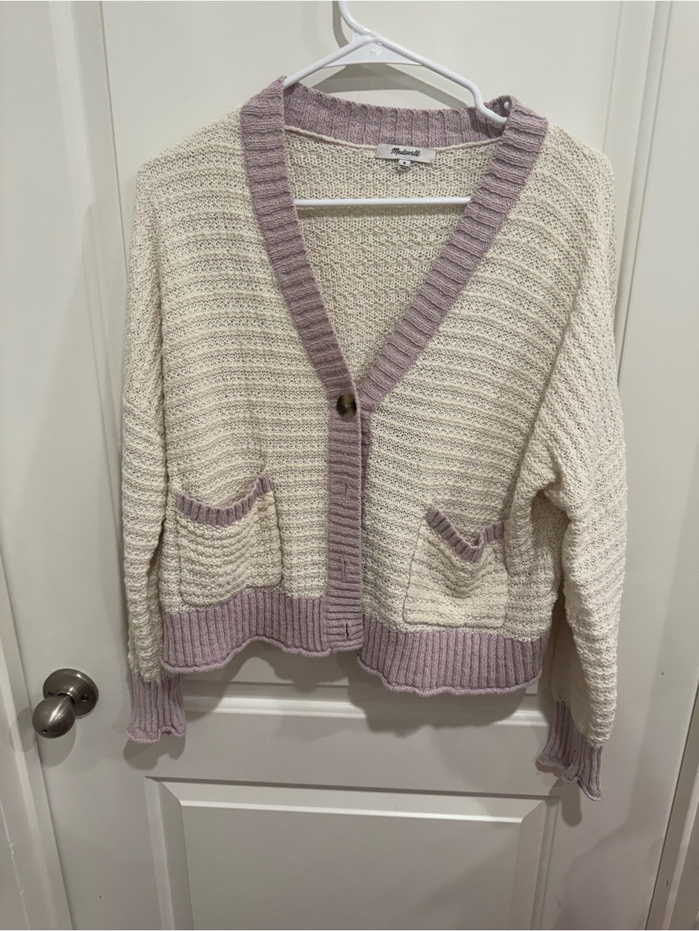 Madewell Cream Cardigan with Lilac Trim